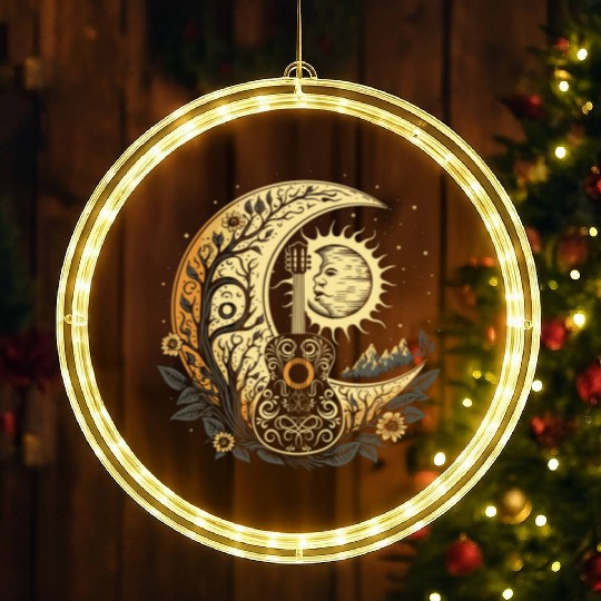 Cottagecore Acoustic Guitar With Moon, Sun, Stars LED Christmas Window Lights