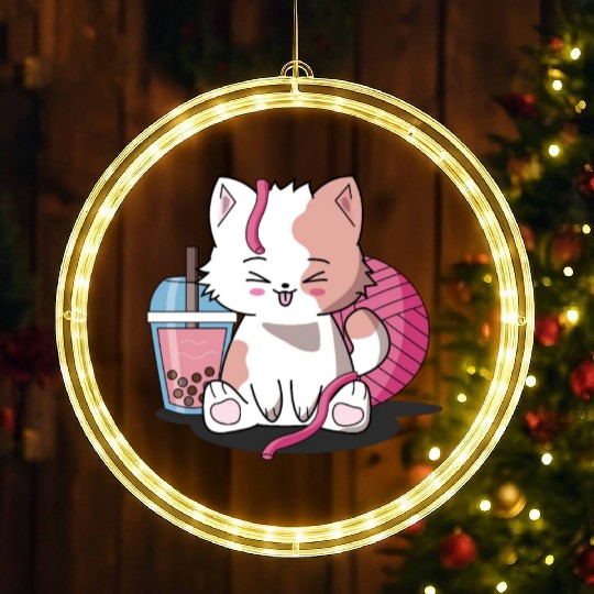 Chibi Boba Tea Cat LED Christmas Window Lights
