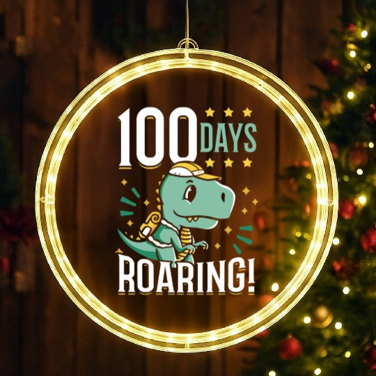 100 Days Roaring Dinosaur Kid Schooler 100th Day LED Christmas Window Lights