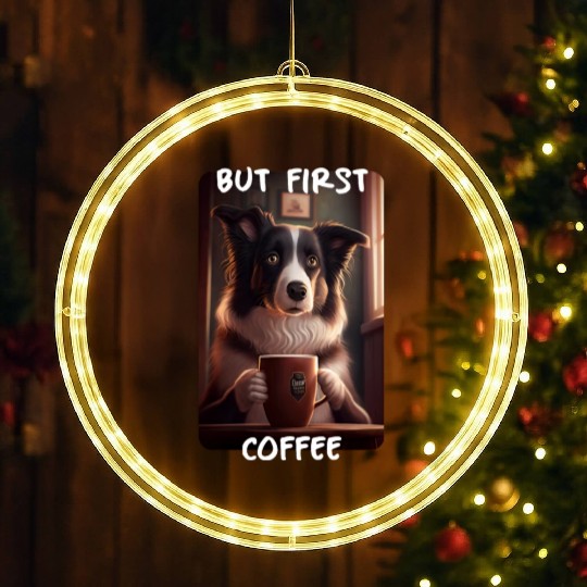 Border Collie - But First Coffee (en) 3 LED Christmas Window Lights