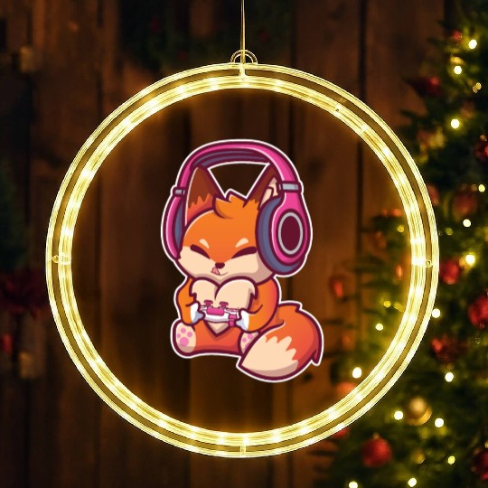 Cute Fox with Headphones Playing Video games Gamer LED Christmas Window Lights