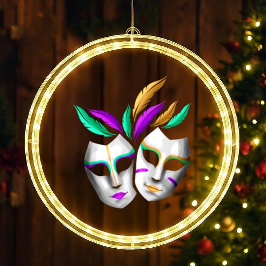 Pair Of White Masks With Feathers For Mardi Gras LED Christmas Window Lights