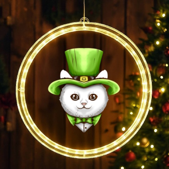 Cute Kawaii Cat With Leprechauns Hat On St LED Christmas Window Lights