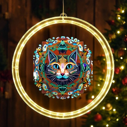Cat Mandala. Cute Namaste Mindfulness Design LED Christmas Window Lights