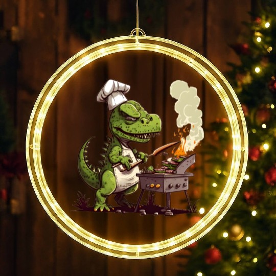 Baby Dinosaur Using A Charcoal Grill Cooking Meat LED Christmas Window Lights