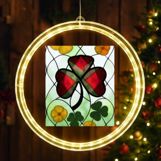 Red plaid Shamrock with Yellow Poppies (AI Art) LED Christmas Window Lights