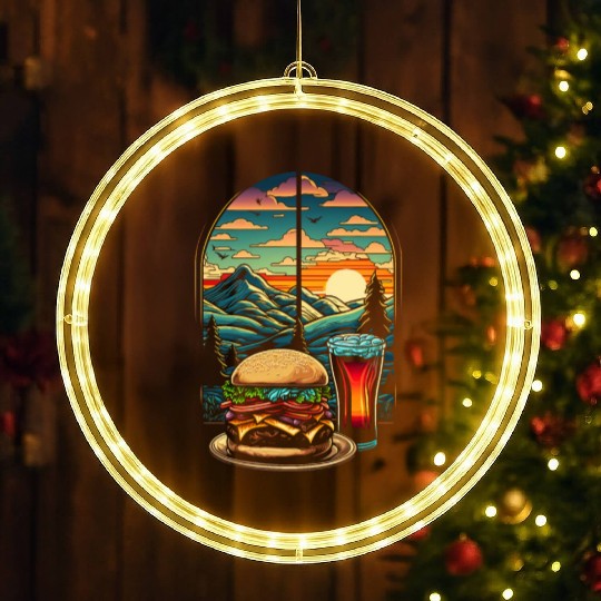 Church window with hamburger burger and drink LED Christmas Window Lights