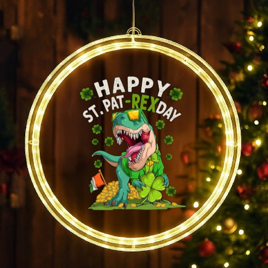 Happy St Pat Rex Day Funny Irish T-Rex Dino LED Christmas Window Lights