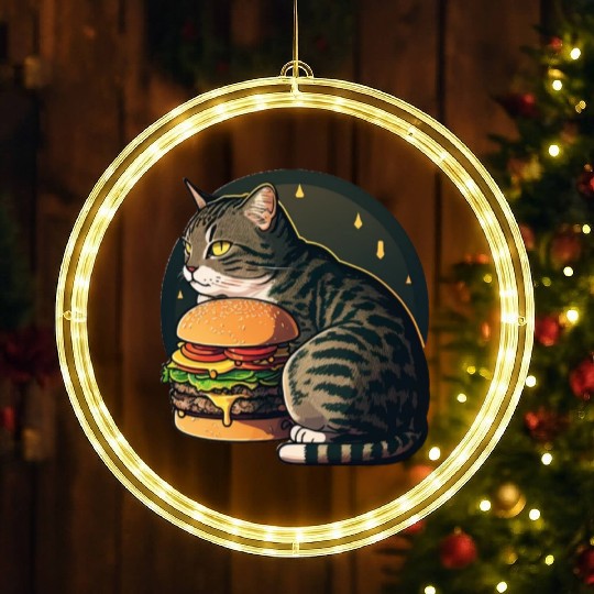 Beautiful Cheese burger Tabby Cat LED Christmas Window Lights