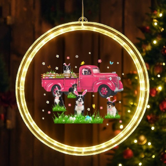 Truck With Border Collie Dogs Lover Bunny Easter LED Christmas Window Lights