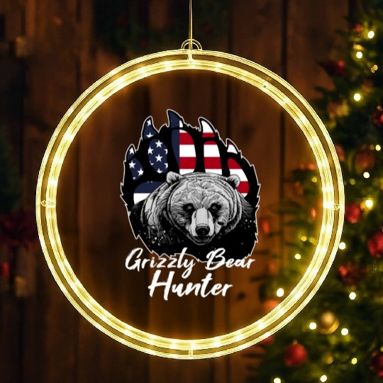 US Flag Grizzly Bear Hunting Patriotic Hunters LED Christmas Window Lights