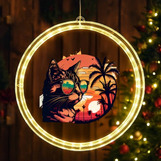 Retro Cat Vintage Sunset 80s 90s Sunglasses Party LED Christmas Window Lights