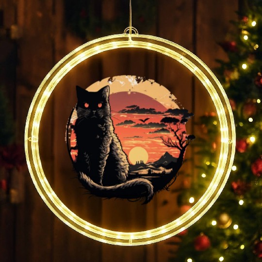 Catzilla Vintage Funny Cute black Cat Art Japanese LED Christmas Window Lights