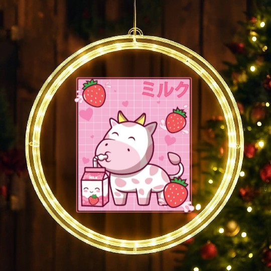 Kawaii Pink Strawberry Cow Milk Shake Otaku Anime LED Christmas Window Lights