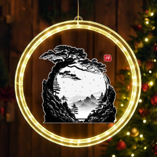 Japanese Zen Circle Landscape Buddhism Bonsai Tree LED Christmas Window Lights