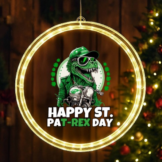 Happy St PaT-Rex Dinosaur Saint Patricks Day Biker LED Christmas Window Lights
