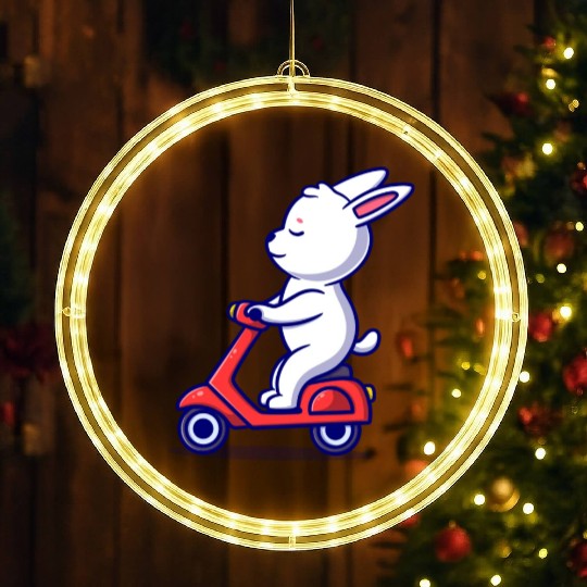 Cute bunny riding scooter icon illustration LED Christmas Window Lights