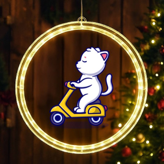 cute cat rid scooter cartoon icon illustration LED Christmas Window Lights