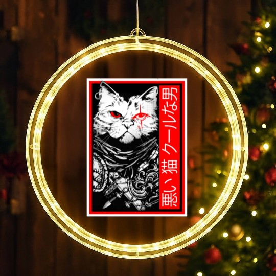 Samurai Cat: "Bad Cat, Cool Dude" with Japanese Te LED Christmas Window Lights