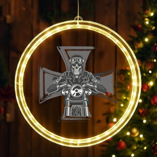 Biker Cross Motorcycle Emblem Skeleton LED Christmas Window Lights