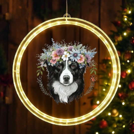 Border Collie Flower Crown Pet Dog Breed Floral Fa LED Christmas Window Lights
