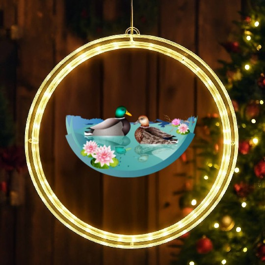 Duck couple in a duck pond with water lilies LED Christmas Window Lights