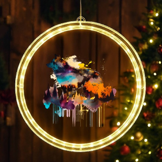 Mountain Wolf Multicolor Watercolor Portrait LED Christmas Window Lights