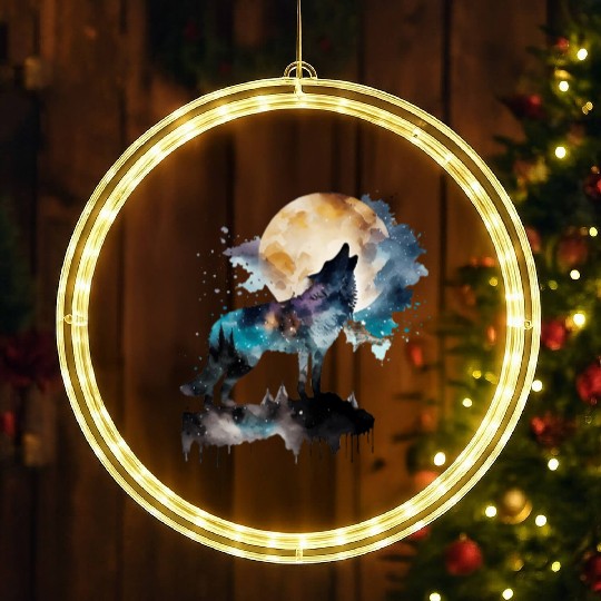 Mountain Wolf Multicolor Watercolor Portrait LED Christmas Window Lights