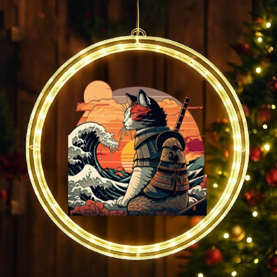 Retro samurai cat The Great Wave Hokusai LED Christmas Window Lights