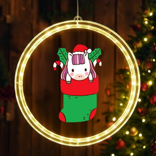 Cute Unicorn inside Christmas Sock with Candy Cane LED Christmas Window Lights