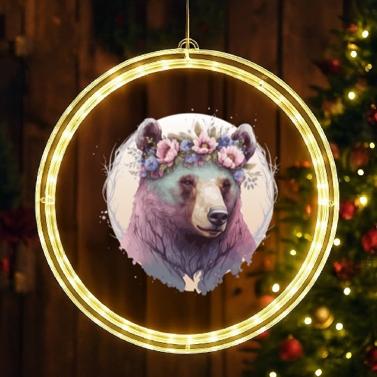 Cute Watercolor Grizzly Bear Flower Crown Floral A LED Christmas Window Lights