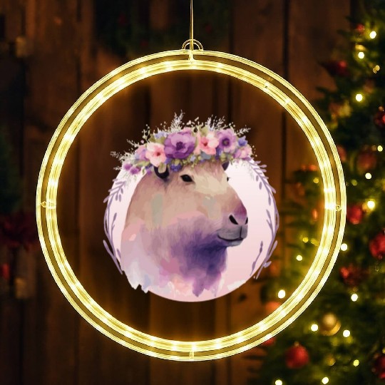 Cute Capybara Rodent Flower Crown Floral Watercolo LED Christmas Window Lights