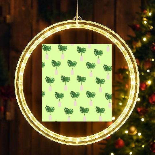 Green Tropical Palm Leaves In A Grey Vessel LED Christmas Window Lights