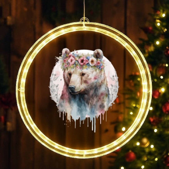 Artistic Watercolor Grizzly Bear Flower Crown Boho LED Christmas Window Lights