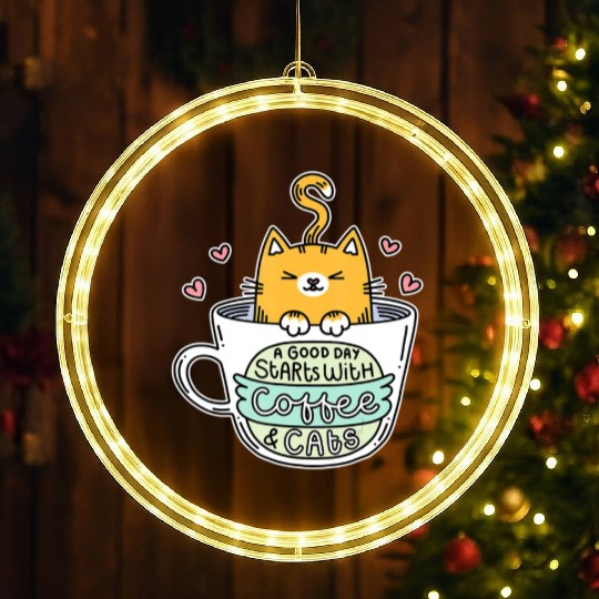 Orange Cat Women Cat Lover Coffee Cats LED Christmas Window Lights