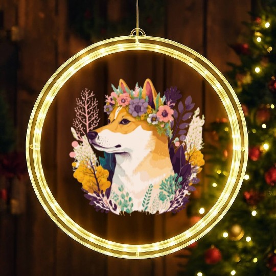 Cute Shiba Inu Flower Crown Pet Dog Breed Floral P LED Christmas Window Lights