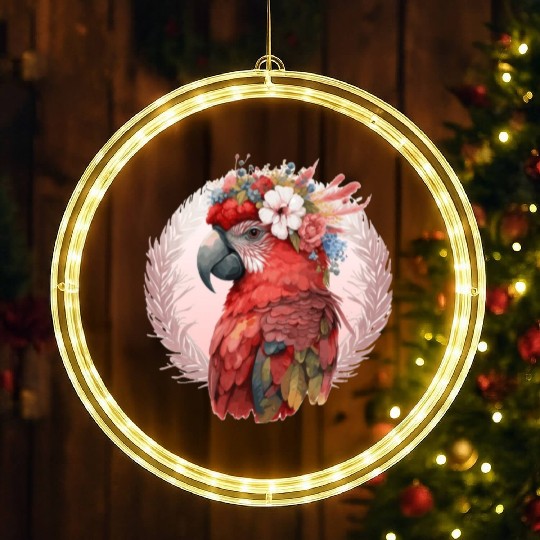 Red Scarlet Macaw Flower Crown Parrot Watercolor B LED Christmas Window Lights