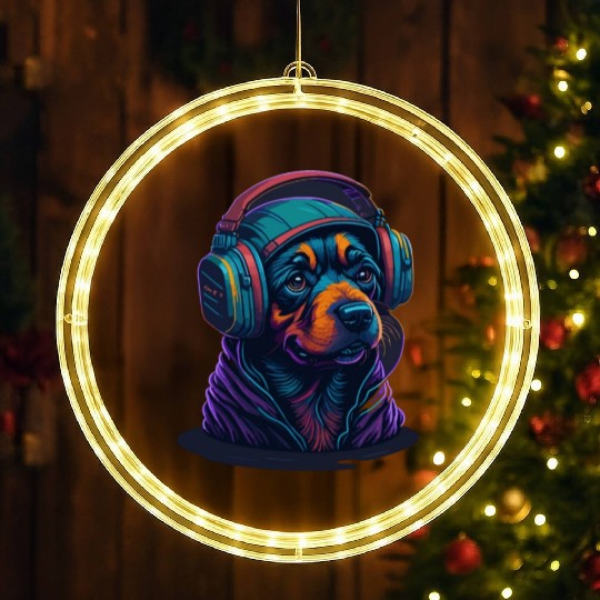 Cute Rottweiler Dog Wearing Headset for Gamer LED Christmas Window Lights