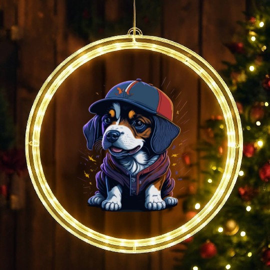 Cute Border Collie Puppy Wearing Baseball Hat LED Christmas Window Lights