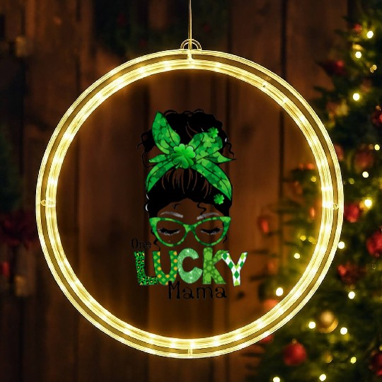 Lucky Mama Messy Bun Leopard Shamrock St LED Christmas Window Lights