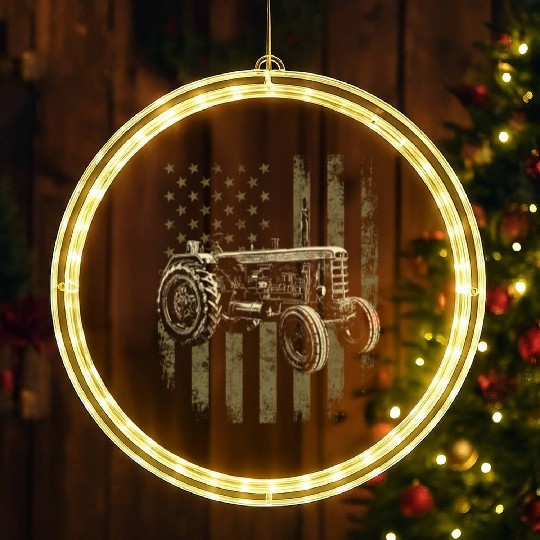 Patriotic Tractor American Flag Tractor Farmer LED Christmas Window Lights