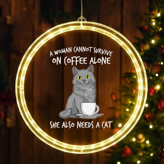 Woman Cat Lover Coffee Lover Caffeine Meow LED Christmas Window Lights