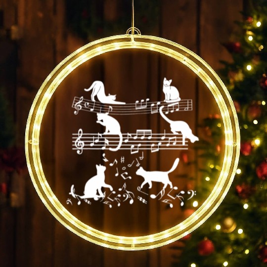 Cute Music Lover Piano Cat Playing On Musical LED Christmas Window Lights