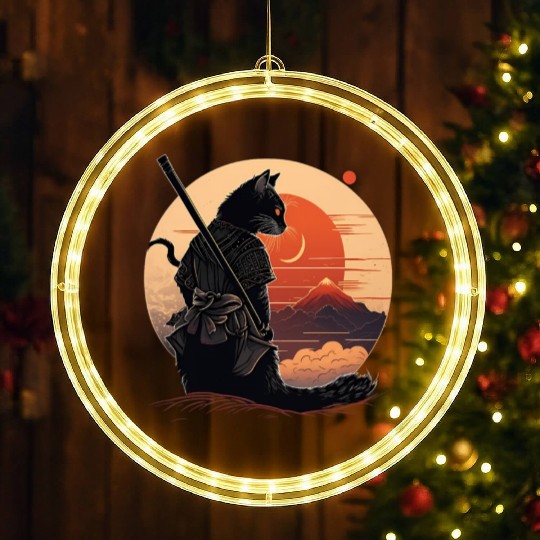 Vintage Japanese Sunset Style And Samurai Cat Kitt LED Christmas Window Lights