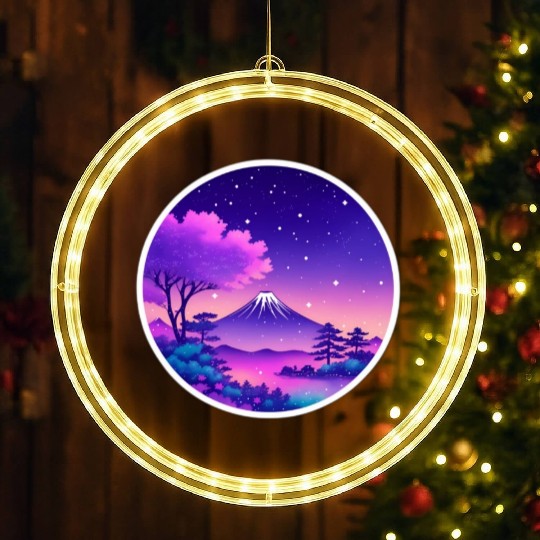 Japan Mount Fuji Night Sky Lo-Fi Art Retro Purple LED Christmas Window Lights