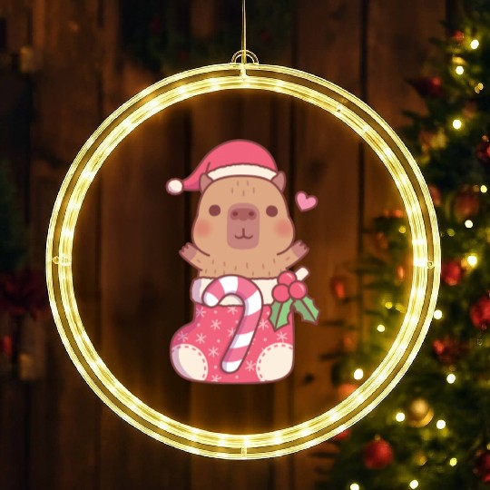 Cute Capybara In Christmas Stocking With Candy LED Christmas Window Lights