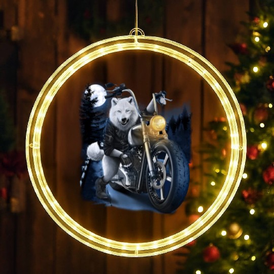 Wolf Riding Chopper Motorcycle In Full Moon LED Christmas Window Lights