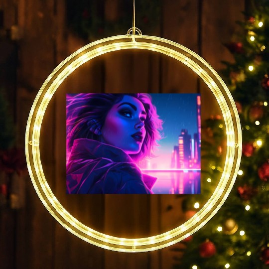 Synthwave girl in front of a neon light city LED Christmas Window Lights