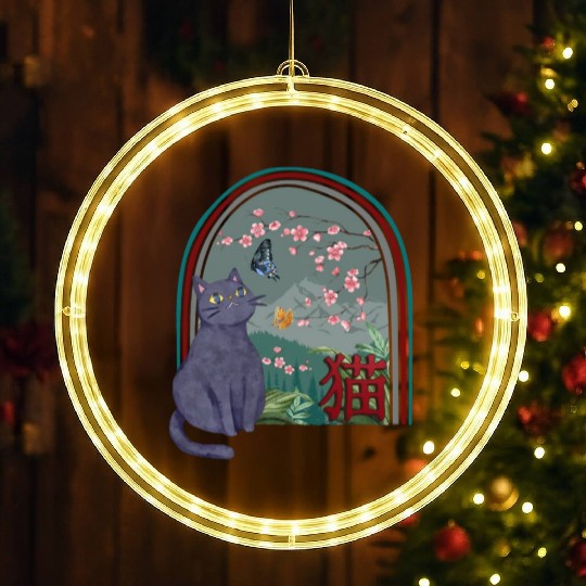 Cherry Blossom LED Christmas Window Lights, Cherry Blossom Cat Vintage