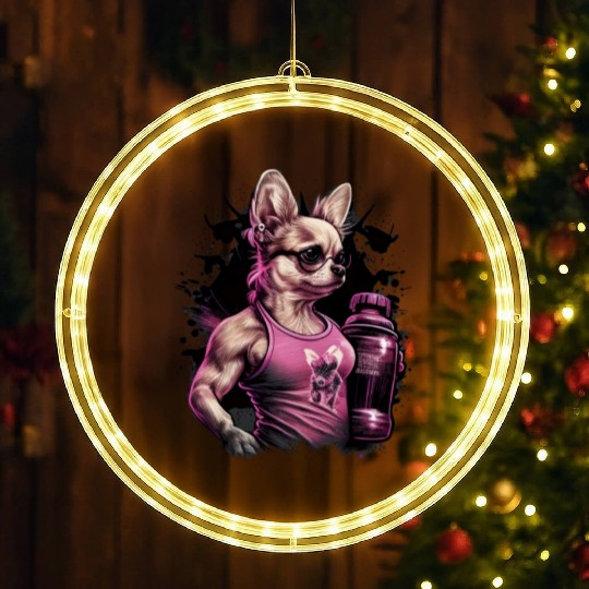 Pink Chihuahua | Fitness Girl Gym Sport Dumbbell LED Christmas Window Lights